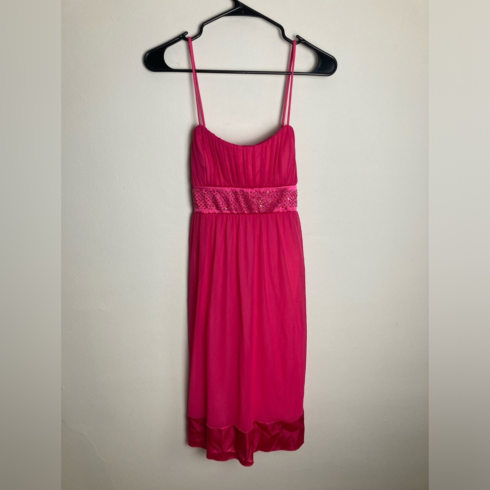 Hot Pink Y2K Mini Dress Sz M Babydoll Top Beaded Sheer Silk Paris Hilton Girly